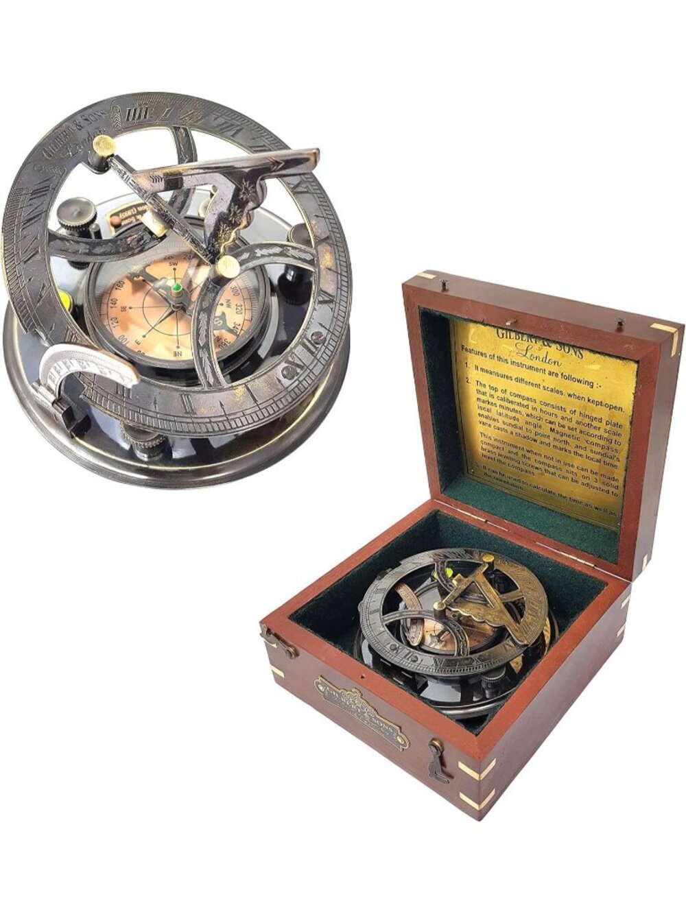 Home Silver Sundial Compass Rosewood Case Top Grade Calibrated Vintage Clock